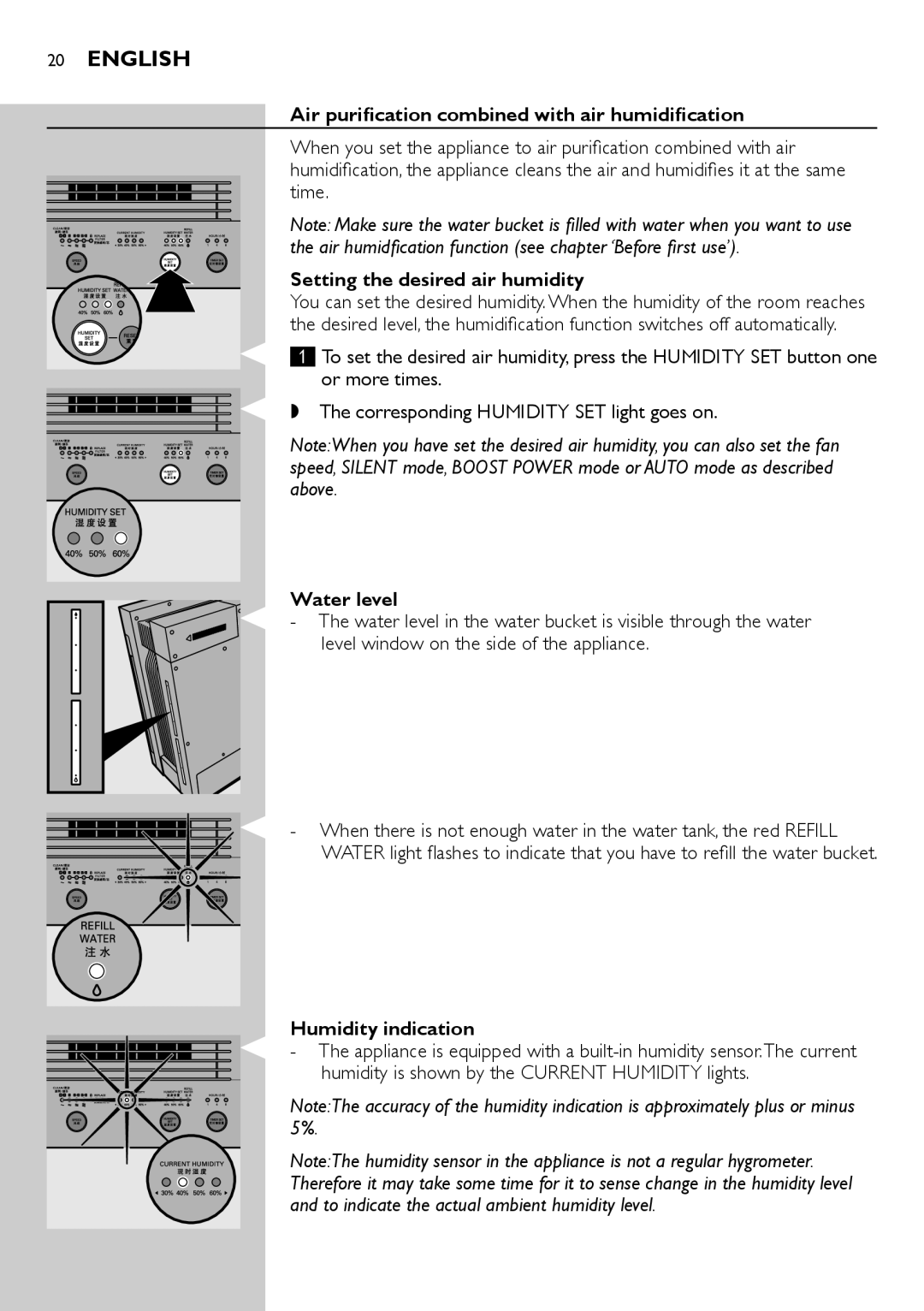 Philips AC4083 manual Air purification combined with air humidification, Setting the desired air humidity, Water level 